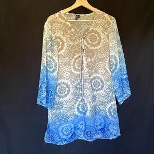 Portocruz geometric blue tan beige swimsuit coverup‎ long sleeves flowy boho L